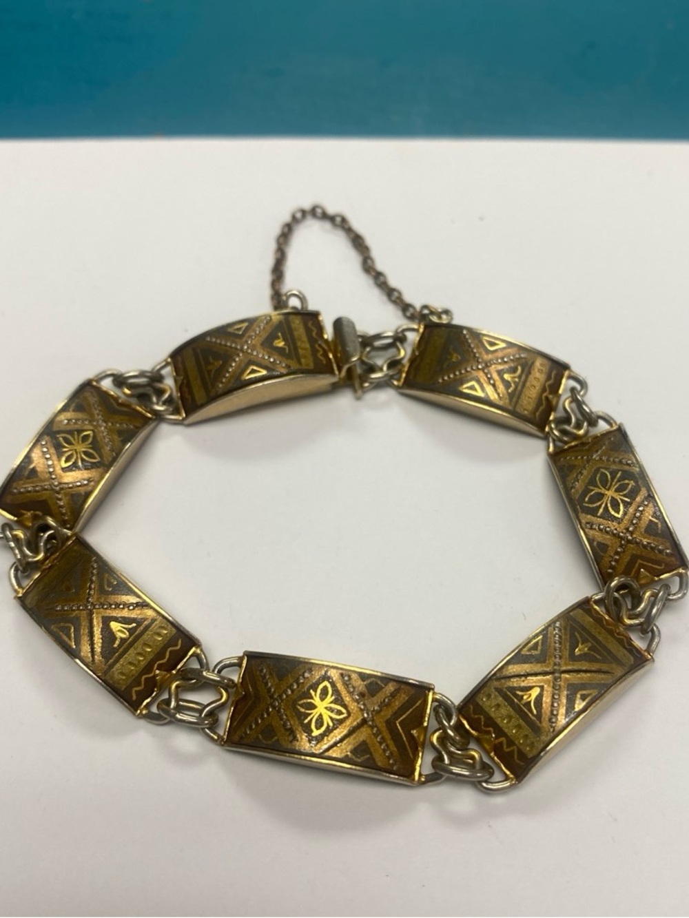 Vintage Spanish Damascene Gold-Tone Engraved Link Bracelet - Women Jewelry